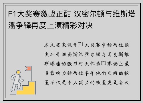 F1大奖赛激战正酣 汉密尔顿与维斯塔潘争锋再度上演精彩对决